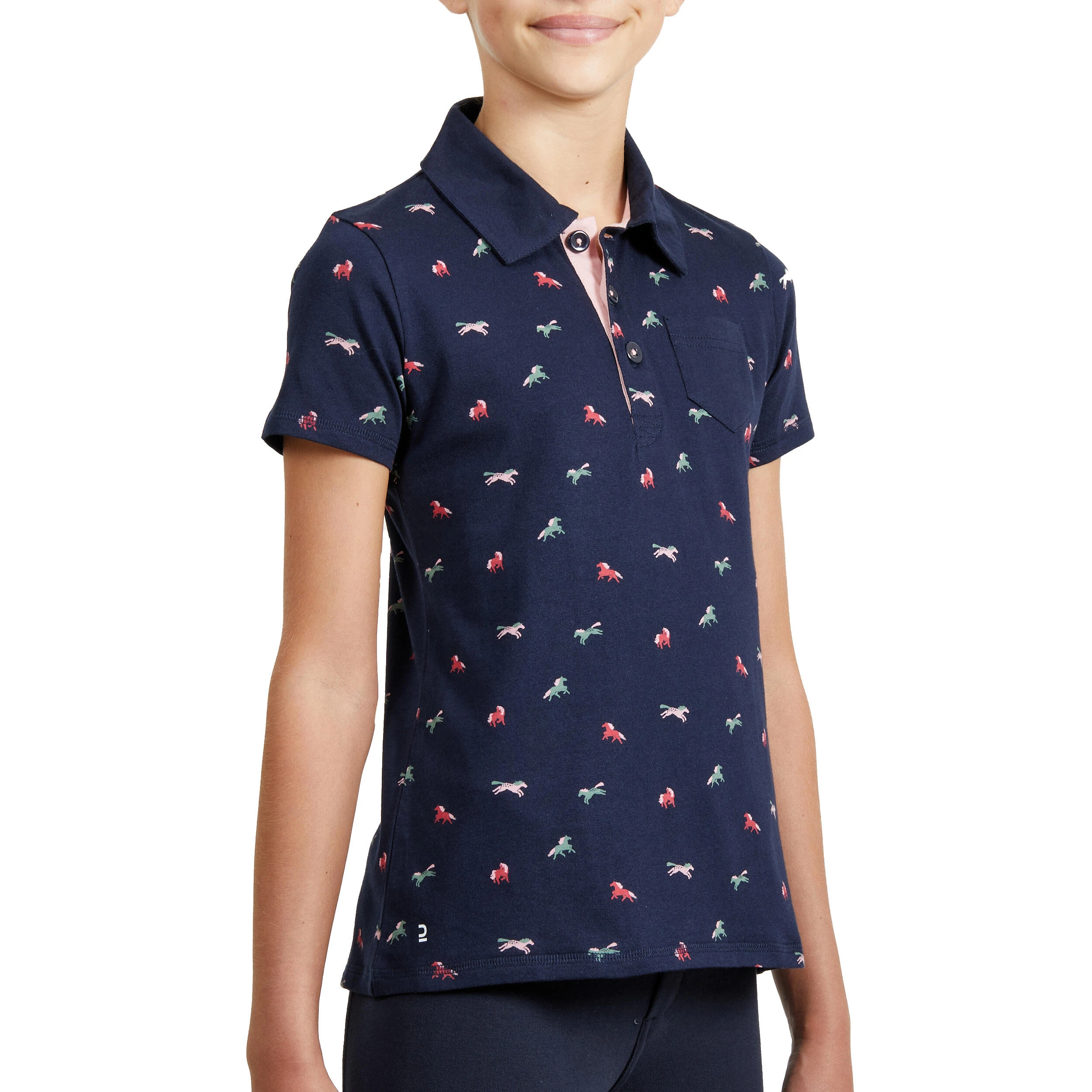 FOUGANZA Girls' Horse Riding Short-Sleeved Polo Shirt 140 - Navy - Image 2