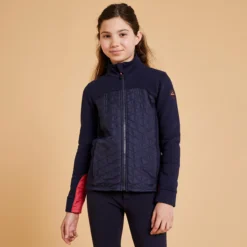 FOUGANZA Kids' Mixed Media Horse Riding Zip Sweatshirt 500 - Navy/Pink